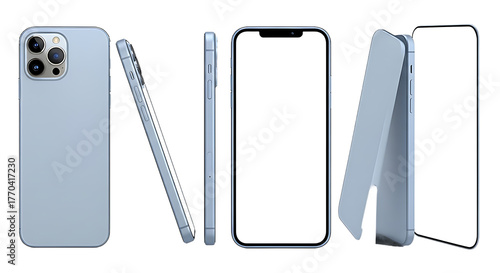 Modern light blue smartphone with blank screen displayed from multiple angles isolated on transparent background