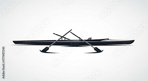 A sleek black rowing scull with oars resting on top, , showcasing its design and readiness for water sports