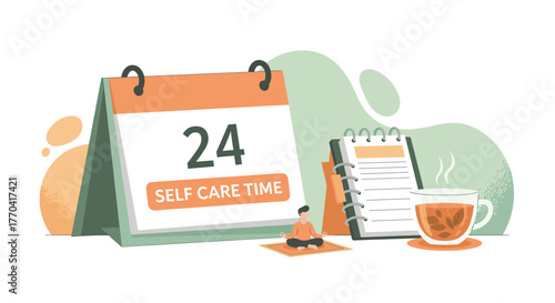 A modern illustration highlights the importance of self-care, depicting a person meditating by a calendar and a warm cup, promoting daily wellness.