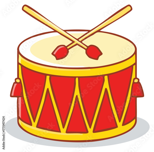 Bright Red and Yellow Marching Drum with Crossed Drumsticks