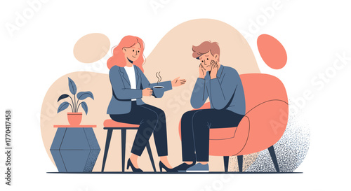 A compassionate therapist provides professional counseling to a distressed male client, offering vital support for mental well-being in a modern, illustrative setting.