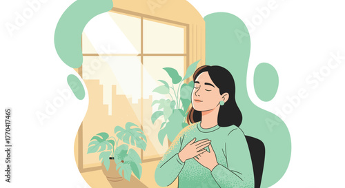 A peaceful woman practices mindfulness meditation indoors, finding serenity and balance while bathed in soft natural sunlight from a window.