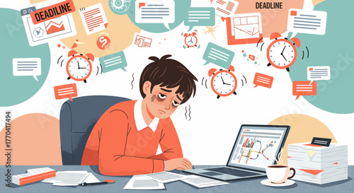 A fatigued employee struggles under immense pressure to meet multiple deadlines, surrounded by overwhelming tasks and digital notifications.