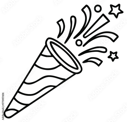 Celebration popper with stars and confetti outline icon for events and parties Black and white linear graphics