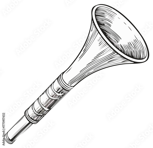 Hand Drawn Engraved Musical Horn Instrument Vintage Style Black and White Illustration