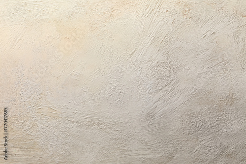 Limewash plaster wall with hand-brushed cross strokes and raking left light, warm ivory-greige tones and wide right copy space