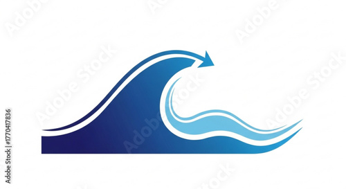 A blue wave with an arrow on, symbolizing movement, direction, and the power of water