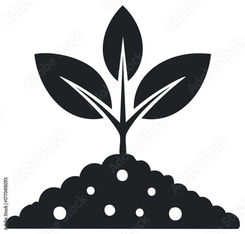 Vibrant young plant seedling with three leaves emerging from nutrient rich soil graphic icon