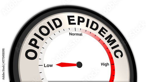 The opioid epidemic at low severity displayed on a barometer or tachometer, indicating early signs of addiction and manageable risks, requiring regular monitoring and preventative care