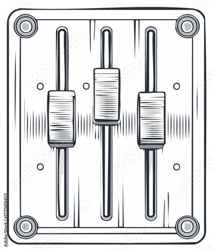 Hand drawn illustration of three audio mixer faders for sound and volume control