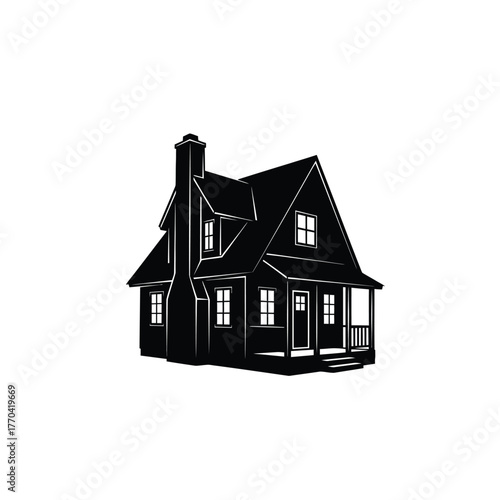 Vintage illustration of a rustic two story house with a prominent chimney