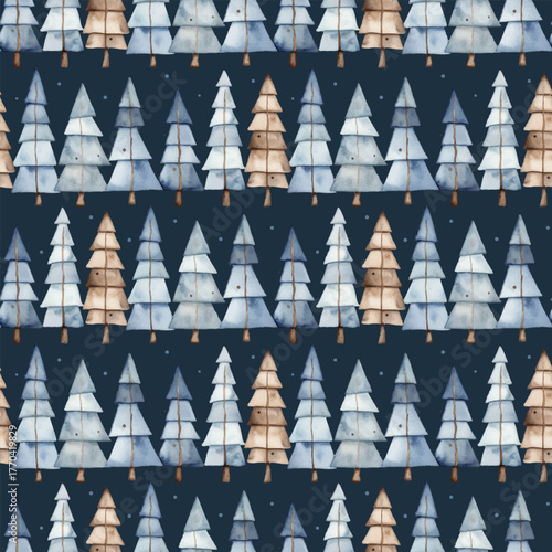 Scandinavian Christmas tree pattern, seamless design with hand drawn watercolor trees in soft blue and brown tones, simple Scandinavian style, vector