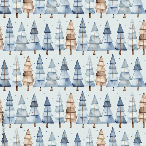 Scandinavian Christmas tree pattern, seamless design with hand drawn watercolor trees in soft blue and brown tones, simple Scandinavian style, vector