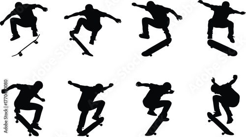 Skateboard trick silhouette set showing airborne poses, extreme sports vector for youth culture, freestyle motion, and urban action design themes