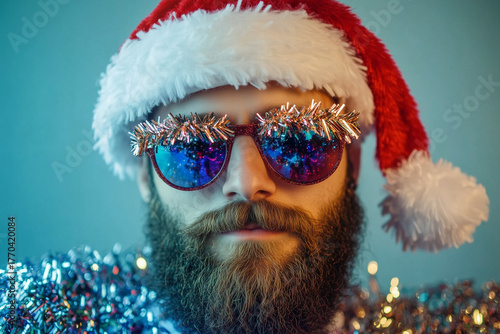 portrait of a young man wearing santa hat and sunglasses