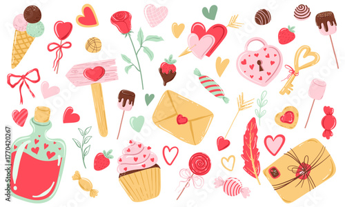 Sweet Love Collection. Cute Valentine’s Day Clipart Set. Hand Drawn Valentine Elements.