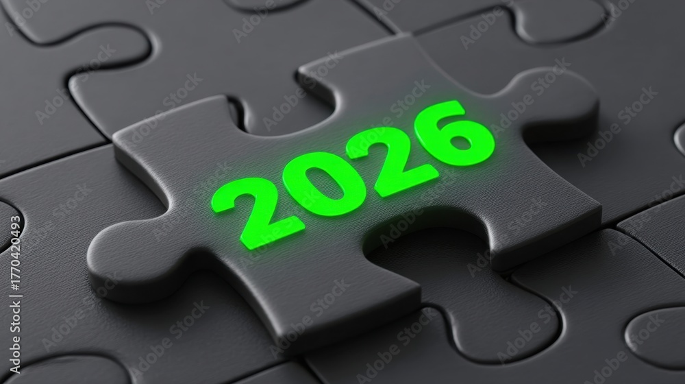 Fototapeta premium Black Puzzle Piece with the Year 2026 Illuminated in Green on a Dark Background