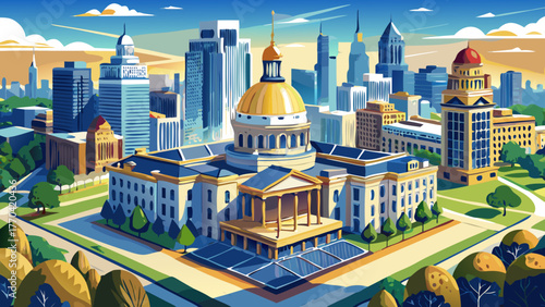 Very beautiful aerial drone view of Georgia State Capitol Building in Atlanta, golden dome, surrounded by downtown skyline, clear sky, urban landscape, trees, streets, detailed architecture, vibrant 