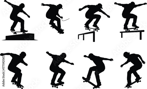 Skateboarder silhouette vector performing tricks and stunts, urban sport action poses, extreme skateboarding movement, ramp jump illustration set