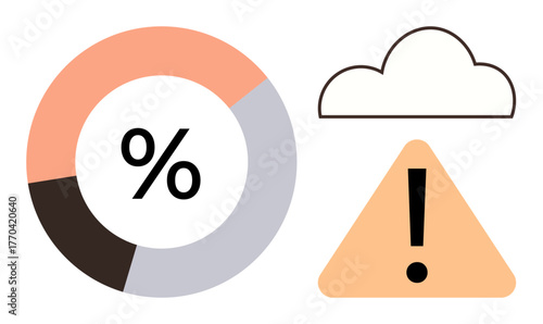 Percentage chart, orange warning triangle with exclamation mark, and cloud outline. Ideal for data analysis, cloud computing, cybersecurity, risk management, caution, reports simple flat metaphor