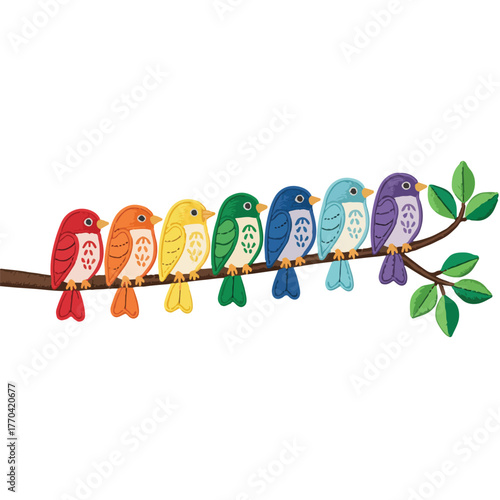 A happy, colorful vector illustration of birds on branch with Easter eggs and flowers for a spring holiday card design