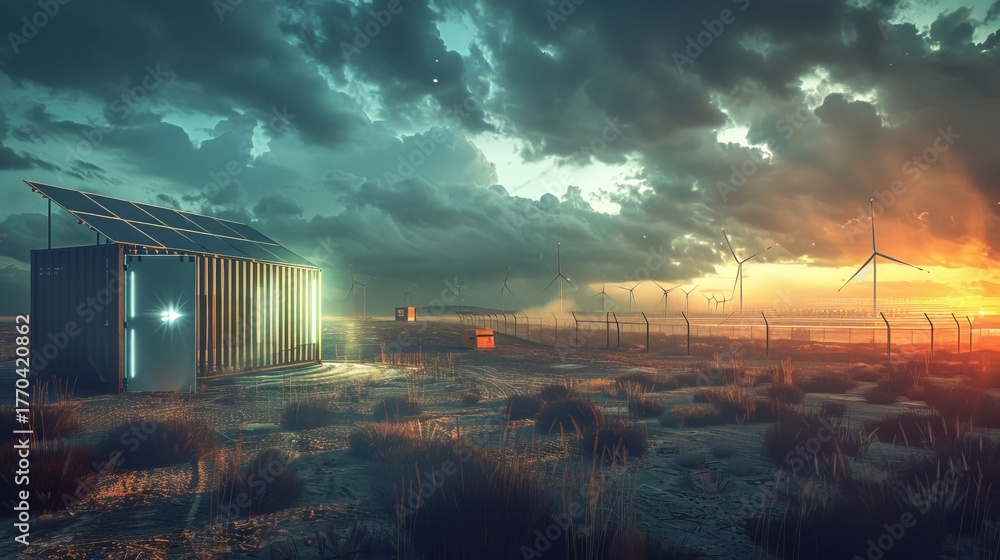 Obraz premium Futuristic energy storage system container with power conversion units and adjacent solar farm