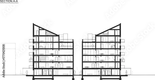 Architectural cross section drawing of a modern symmetrical building design with multiple floors and angled rooflines