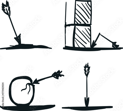 A set of hunting combat arrows that are stuck into different surfaces.