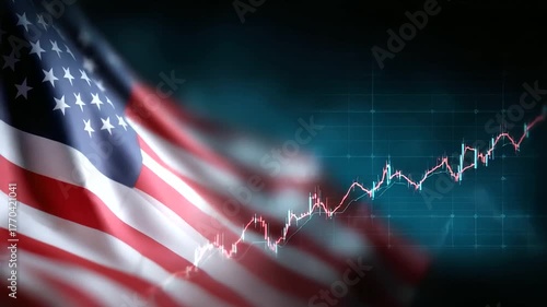 U.S. flag overlaying a financial graph, thriving commerce in national markets, market innovation through patriotic data, digital growth in economic trends, consumer trends in Ameri