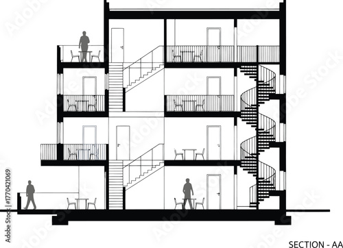 Architectural cross section drawing of a modern multi story building interior with stairs and people
