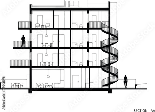 Architectural cross section of a modern multi story building showcasing interior spaces and a spiral staircase