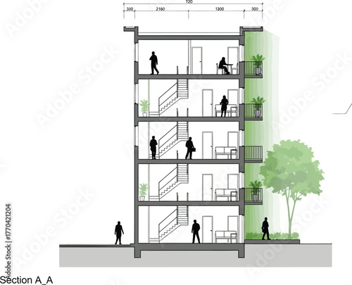 Architectural cross section drawing of a sustainable multi story building with green facade and people inside