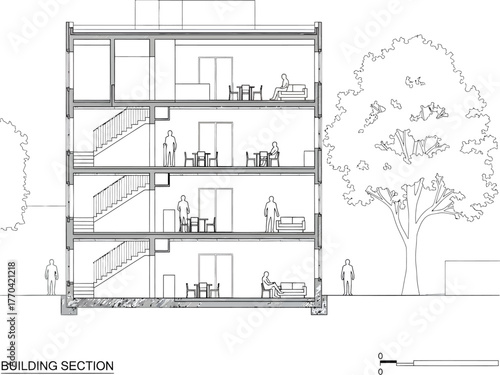 Architectural cross section drawing of a multi story residential building showing interior spaces and exterior trees
