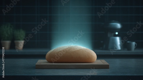 Freshly Baked Loaf on Wooden Board with Soft Glow Against Dark Kitchen Background