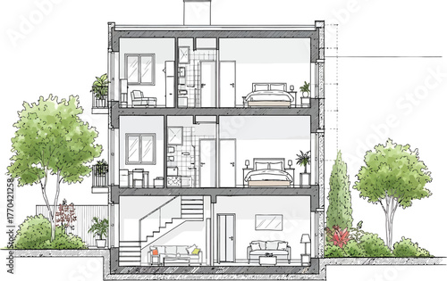 Architectural cross section drawing of a modern three story townhouse with interior details and surrounding greenery