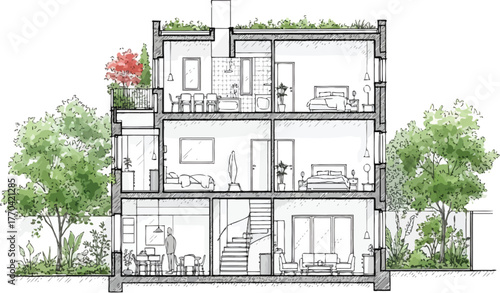 Architectural cross section drawing of a modern multi story residential building with lush greenery and rooftop garden