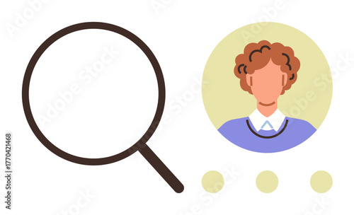 Magnifying glass alongside a person avatar with a circular background and three dots below. Ideal for user search, profile review, recruitment, personal data, online identification, selection