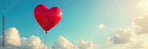 A single, unattached heart-shaped balloon floats freely against a vibrant, summer sky, representing the hopeful search for love and companionship , happiness, sunny, single