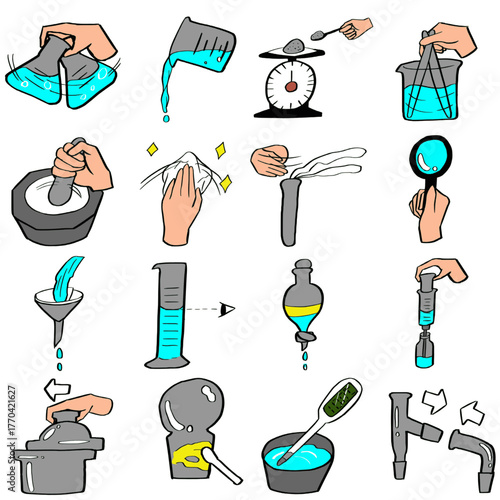 シンプルな科学実験の操作のシンプルなイラストセット