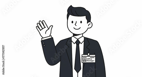 Friendly office manager welcomes you with a wave, creating a positive and professional first impression for your business or corporate event marketing