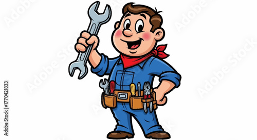 Friendly cartoon handyman with wrench, ready to tackle any repair with a smile, perfect for ads, educational content, and DIY projects