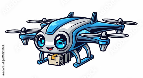 Adorable cartoon delivery drone with a happy expression, holding packages, perfect for illustrating modern tech, logistics, and future delivery services