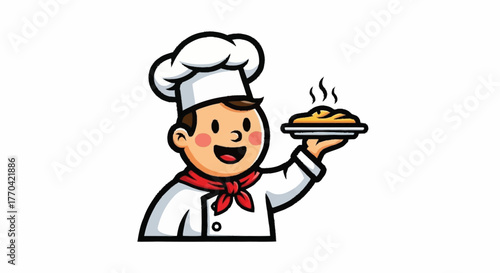 Cheerful chef offers a steaming plate of pasta, perfect for restaurant menus or food blog designs, adding a touch of playful charm to your project