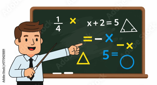 Engaging math teacher explaining algebra equations on chalkboard in colorful classroom setting, perfect for educational content and online learning platforms