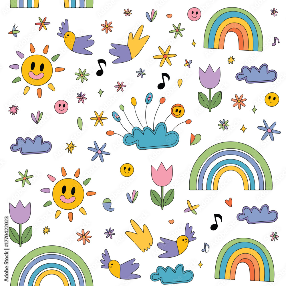 Fototapeta premium Colorful seamless vector pattern with rainbow, clouds, flower, and butterfly for child or spring summer decoration design