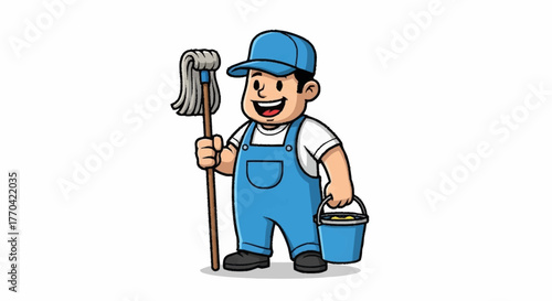 Cheerful cartoon janitor ready to clean with mop and bucket creating a sparkling space perfect for advertising cleaning services and cleaning products