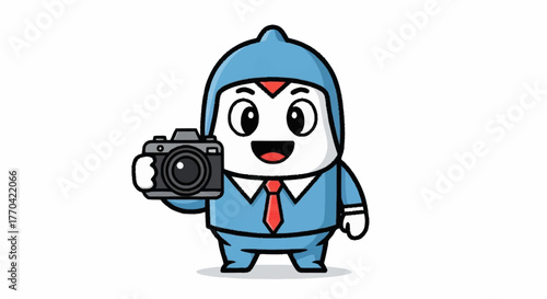 Cute cartoon photographer mascot with camera in hand ready for a photoshoot, perfect for kids' content or creative design projects