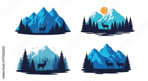 Mountain landscape with deer silhouettes a serene natural vector illustration