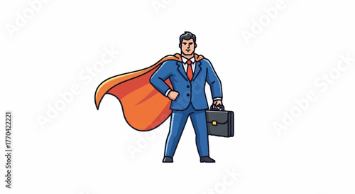 Empowered businessman in superhero cape ready to conquer challenges and achieve success, symbolizing leadership and ambition in corporate ventures