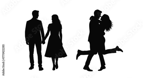 Silhouette of a couple embracing while another couple holds hands